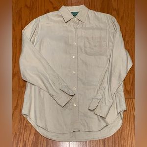 Vintage 1990s Y2K Women’s Petite Small Beige Cream 100% Linen Long Sleeve Shirt